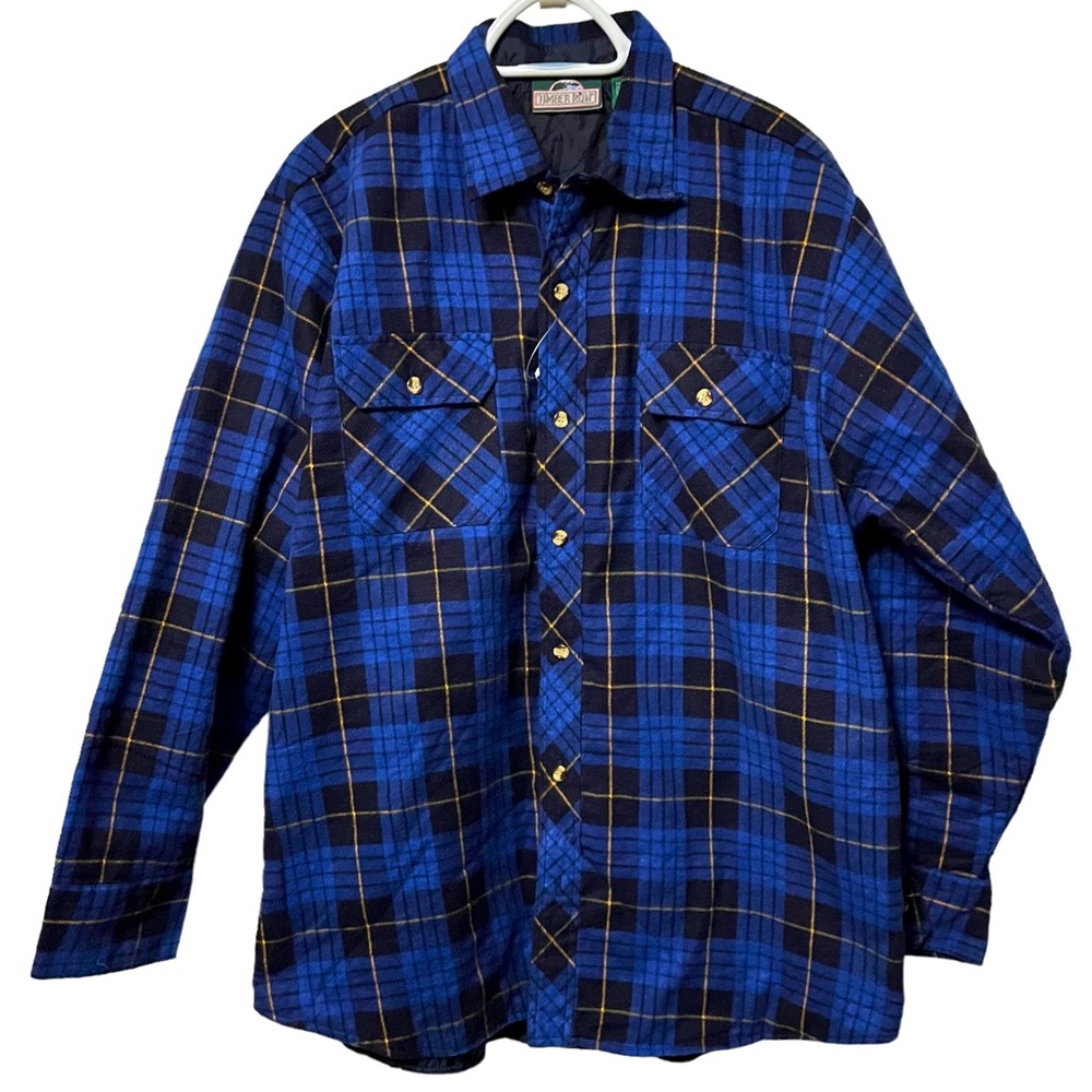 VTG FLANNEL JACKET PLAID BUTTON DOWN SHIRT BREAST POCKET INSULATED COAT BLUE MED